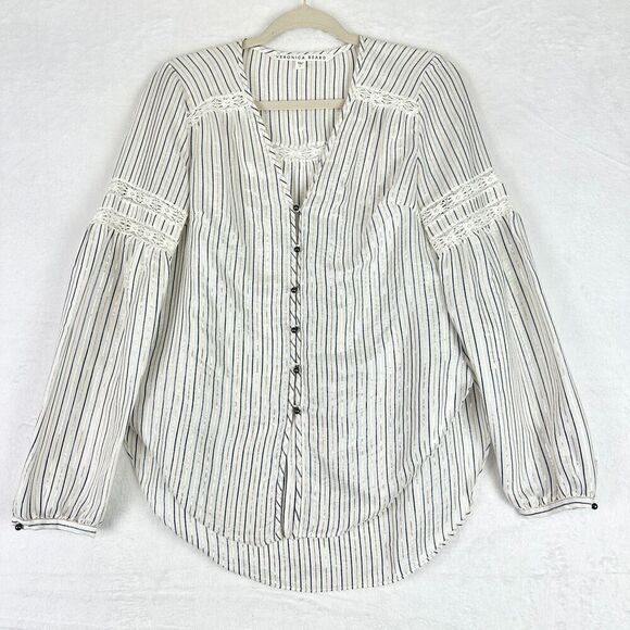 Veronica Beard Roca Top Size 0 White Metallic Stripe Button Front V-Neck - Picture 1 of 7